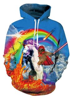 A hooded sweatshirt that depicts a sloth with an eyepatch, cape, and lightsaber riding a fire-breathing unicorn under a rainbow.