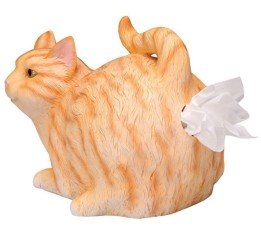 A tissue dispenser that looks like an orange stripy cat. You pull the tissues out of the cat's butt.