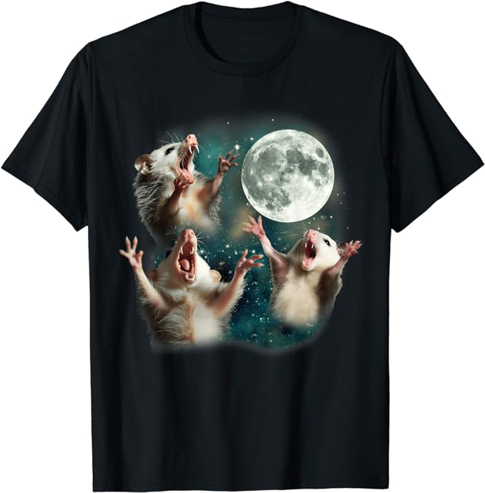 A black t-shirt with a big full moon and three possums who all appear to be energetically singing opera at the moon. Their mouths are wide and their arms are spread wide.